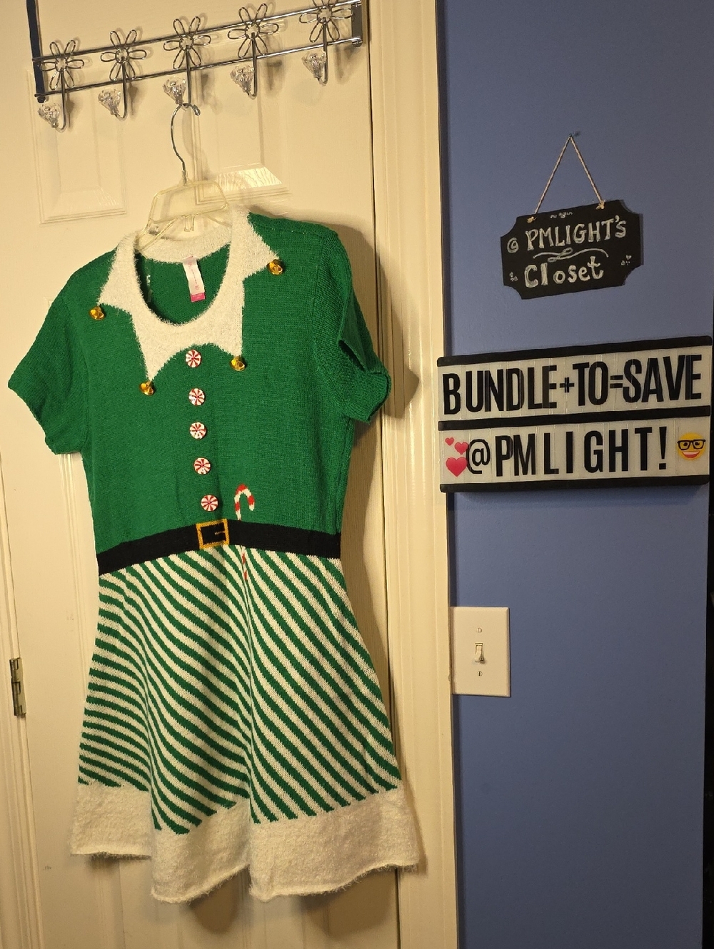 No Boundaries Green & White Elf Sweater Dress Junior XXL Candy Cane Accents